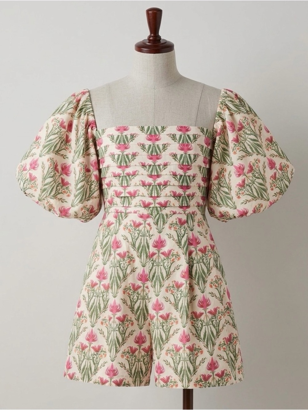 Especia Floral Puff-Sleeve Strapless Romper in Pink & Green
